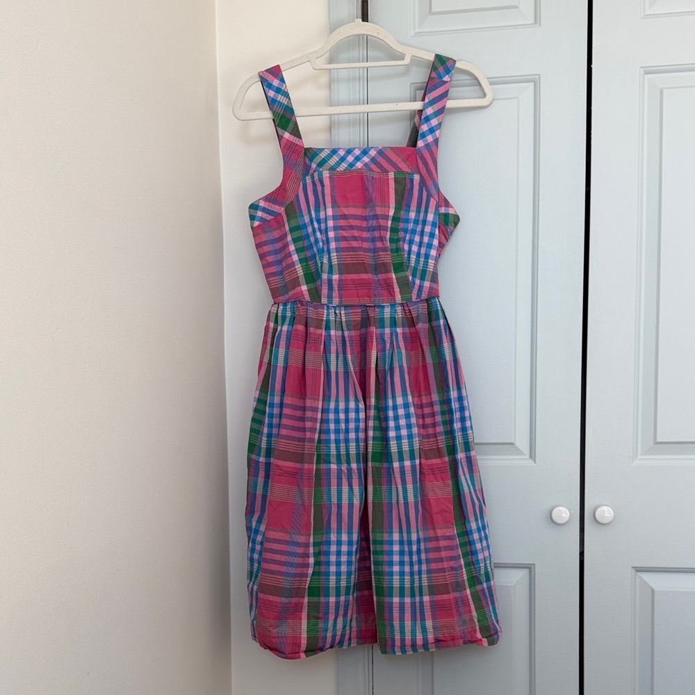 J. Crew Pink Blue Green Plaid Midi Dress